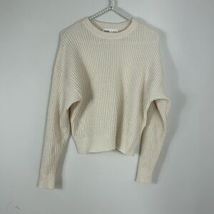 Elodie Cream Crewneck Cropped Ribbed Sweater Medium